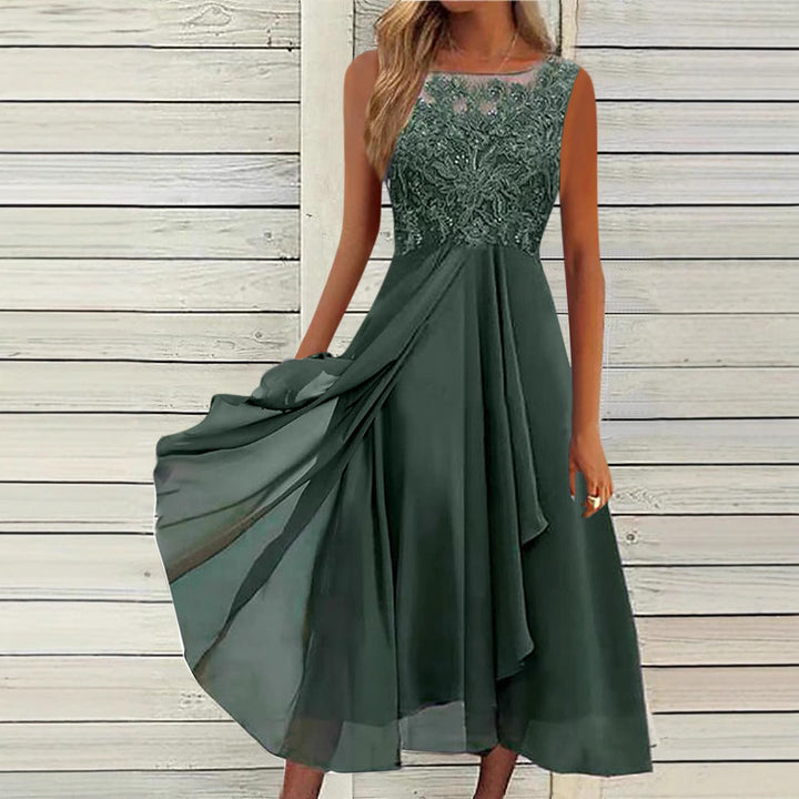 Damen nan ärmelloses Chiffon-Midikleid mit bestickter Illusionsspitze, Schiff-Ausschnitt und mehrlagigem Schwingrock Drune