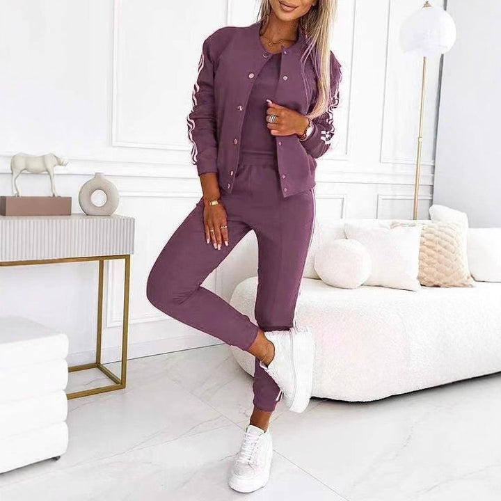 Damen nan sportliches Jogginganzug-Set mit Collegejacke, kurzes Top und slim-fit Jogginghose Drune
