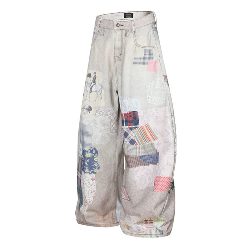 Damen Weite High‑Waist Culotte-Jeans mit Patchwork-Print und Balloon-Silhouette Drune