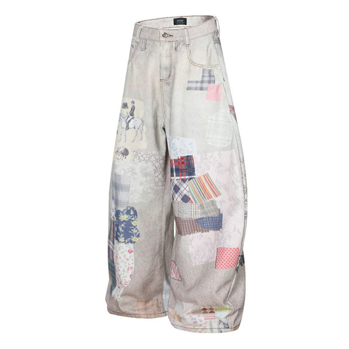 Damen Weite High‑Waist Culotte-Jeans mit Patchwork-Print und Balloon-Silhouette Drune