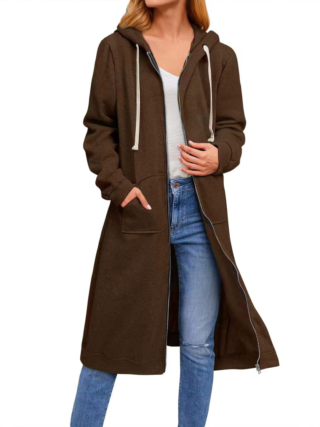 Damen lange Kapuzenjacke mit Reißverschluss und praktischen Taschen Drune