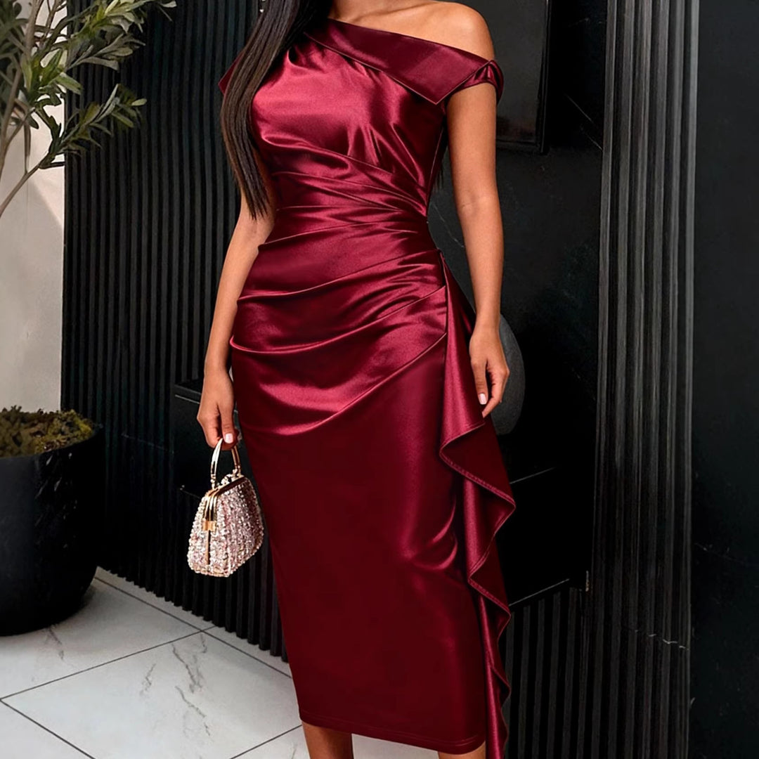 Damen figurbetontes Wickelkleid mit asymmetrischem Rüschen-Saum Drune