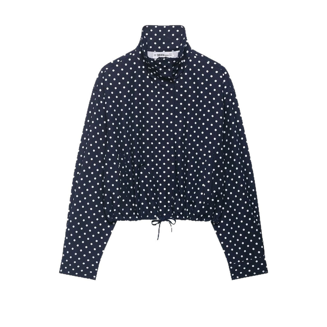 Damen Gepunktete Cropped-Blusenjacke mit Stehkragen, Tunnelzug und Eingrifftaschen Drune
