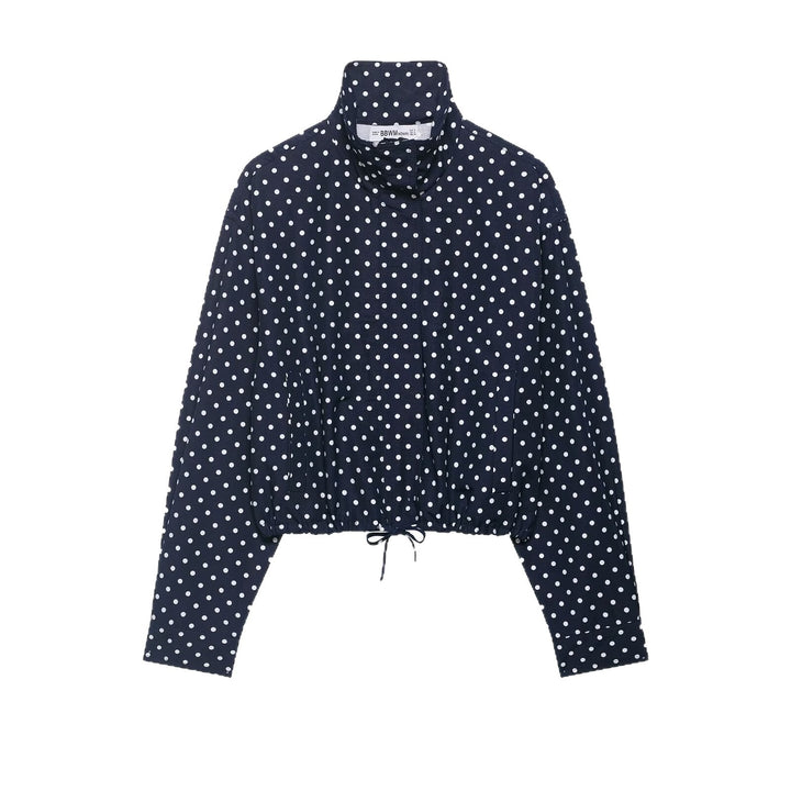 Damen Gepunktete Cropped-Blusenjacke mit Stehkragen, Tunnelzug und Eingrifftaschen Drune