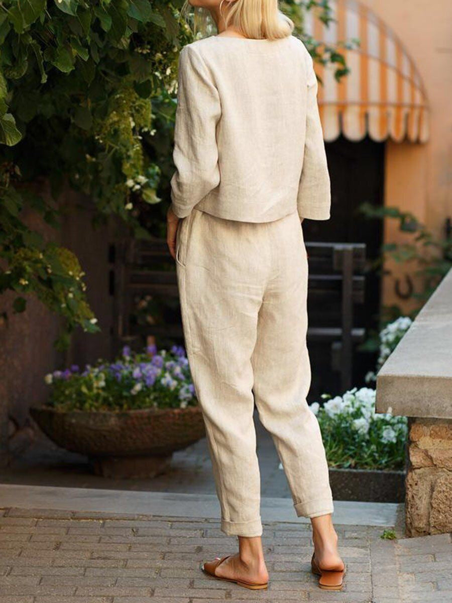 Damen Lässiges Leinen-Loungewear-Set mit Rundhalsausschnitt, Bindegürtel und knöchellanger Hose Drune