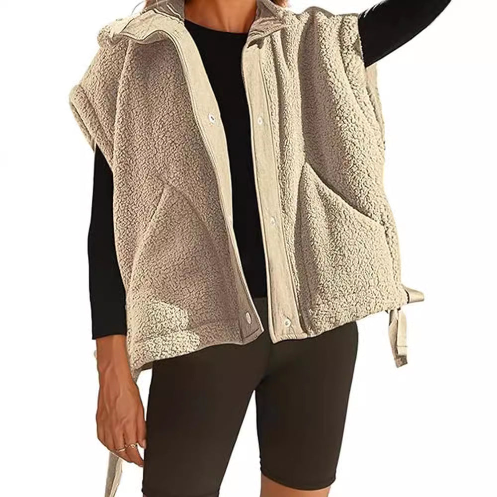 Damen Oversized Fleecewestenjacke mit seitlichen Eingrifftaschen und Druckknopfverschluss Drune