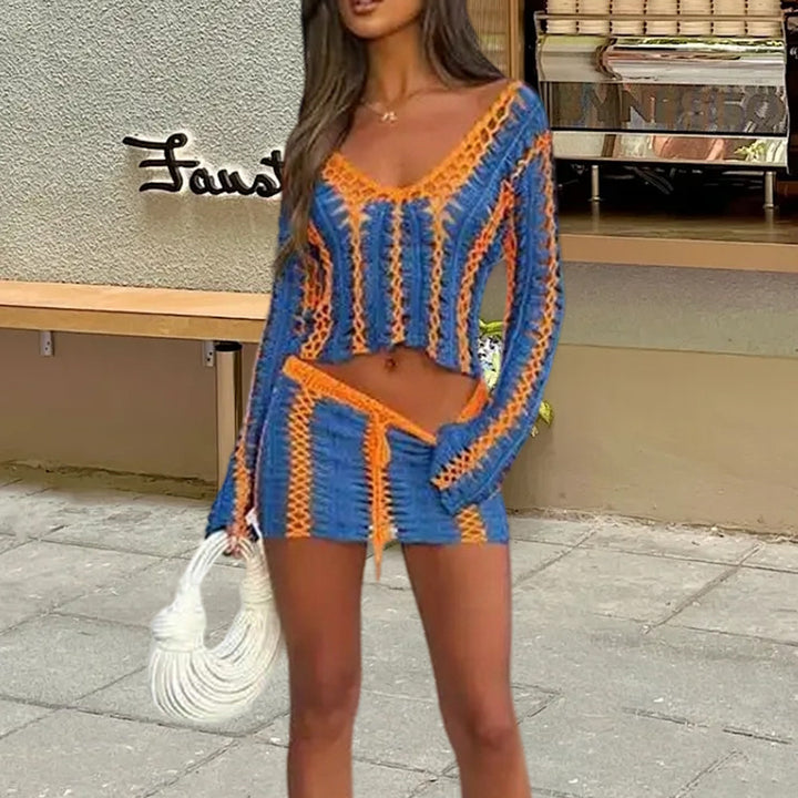 Damen Strick-Crop-Top und Rock Set mit einzigartigem Häkelmuster Drune