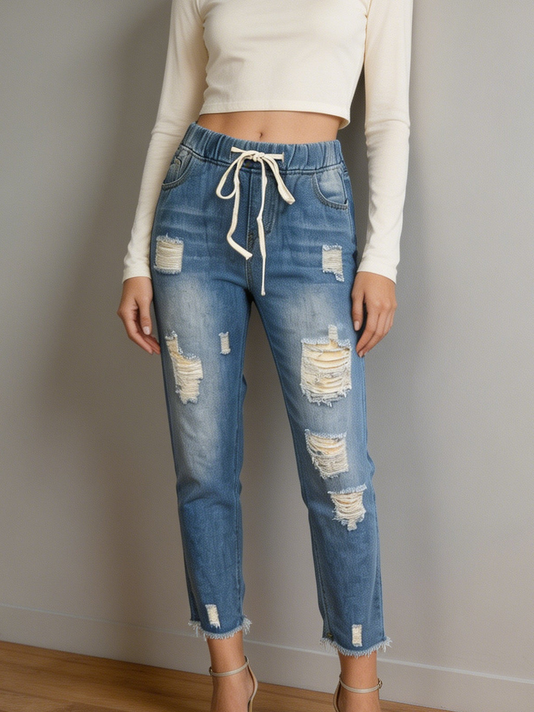 Damen nan lockere Destroyed-Denim Jogger mit elastischem Kordelbund und ausgefranstem Knöchelabschluss Drune