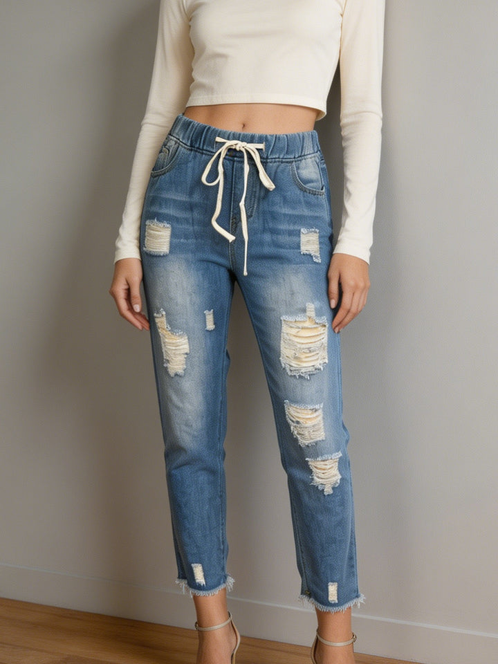 Damen nan lockere Destroyed-Denim Jogger mit elastischem Kordelbund und ausgefranstem Knöchelabschluss Drune