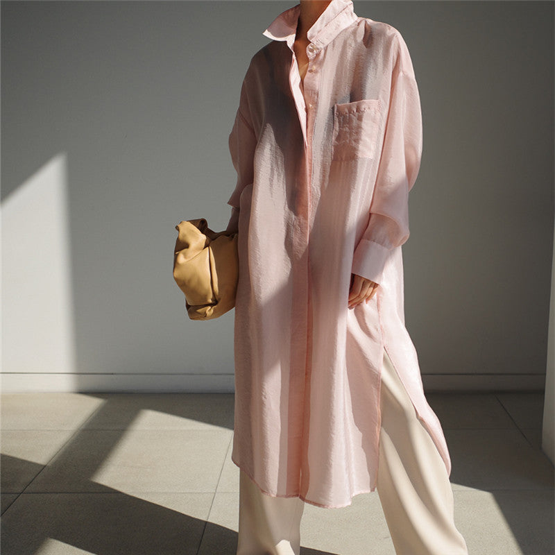 Damen Weites Oversize-Hemdblusenkleid mit Brusttasche und hohen Seitenschlitzen Drune
