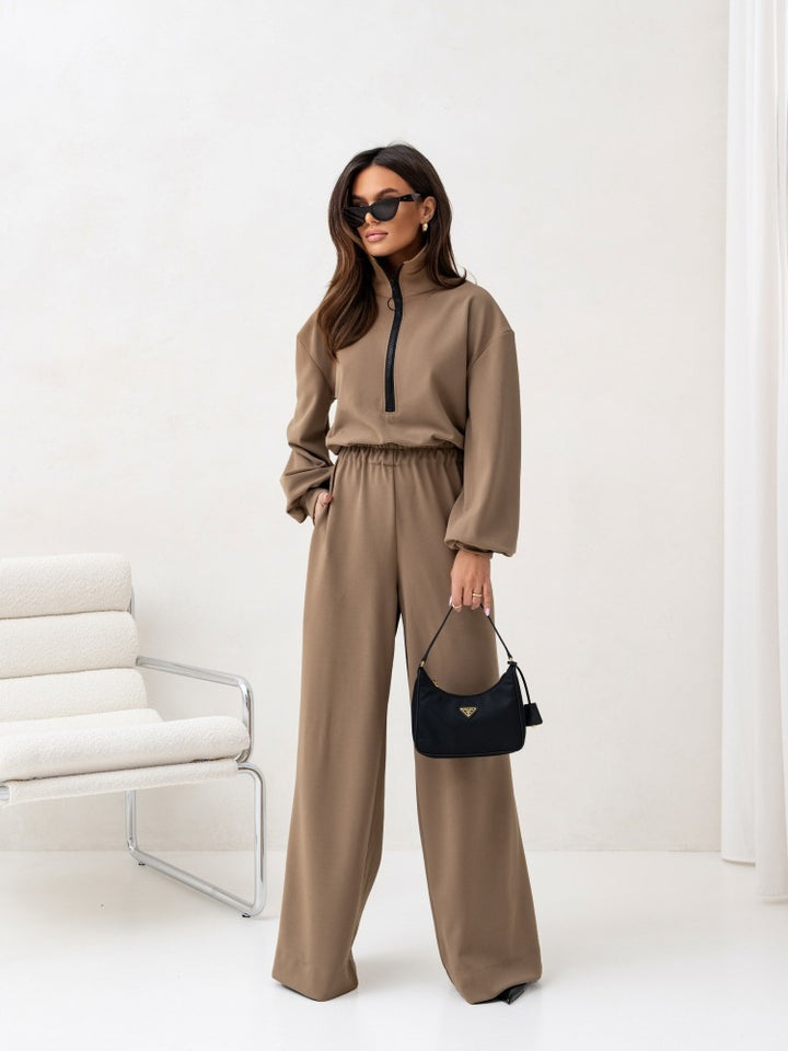 Damen relaxed-fit Zip-Pullover mit elastischem Taillenbund und extraweiter Palazzo-Hose Zweiteiler Drune