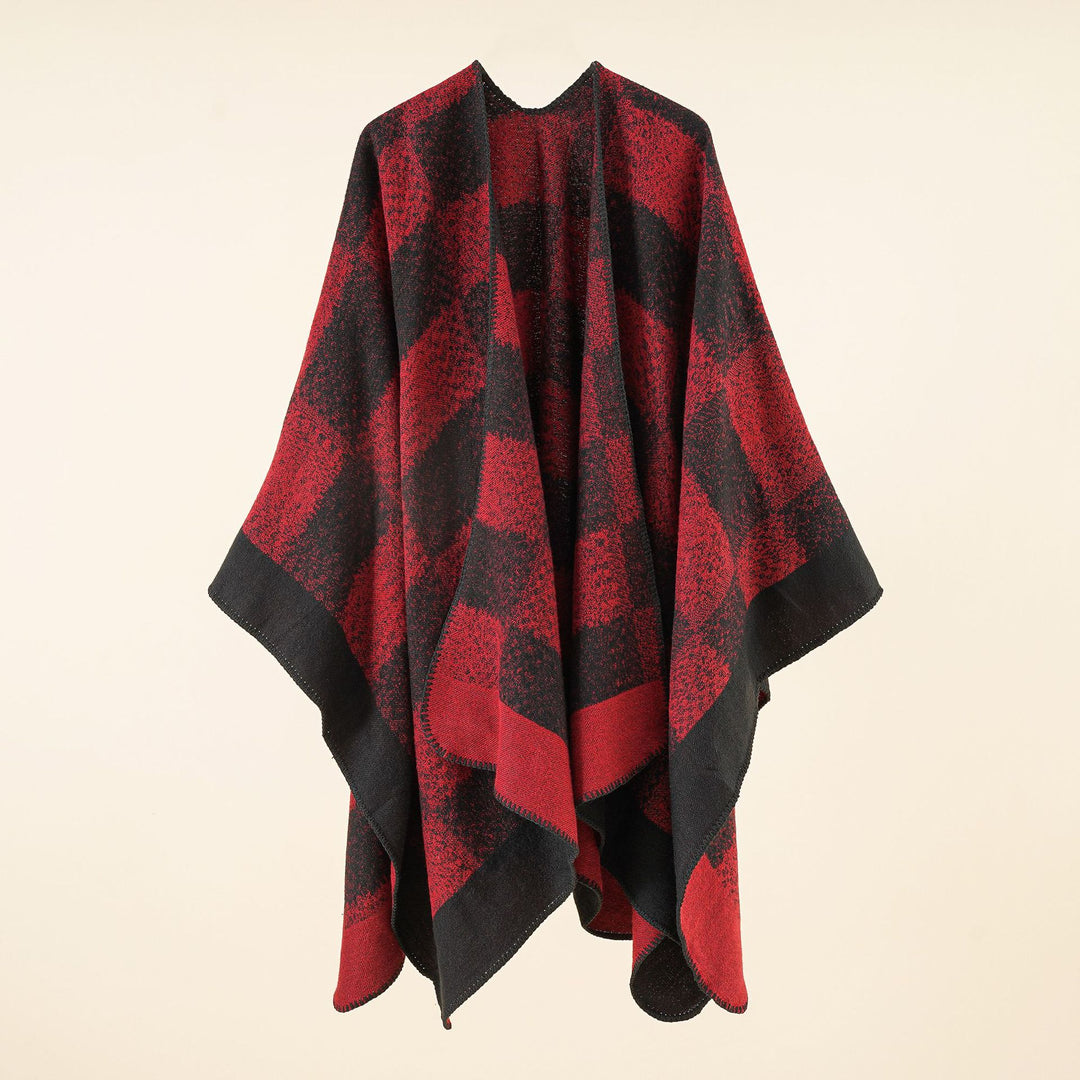 Damen Vielseitiger Wollmix-Überwurf im kastigen Kimono-Fall mit großflächigem Karojacquard Drune