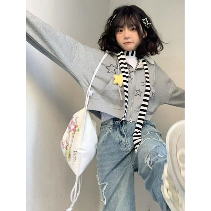 Damen cropped Kapuzenpullover mit kreativen Sternenapplikationen Drune