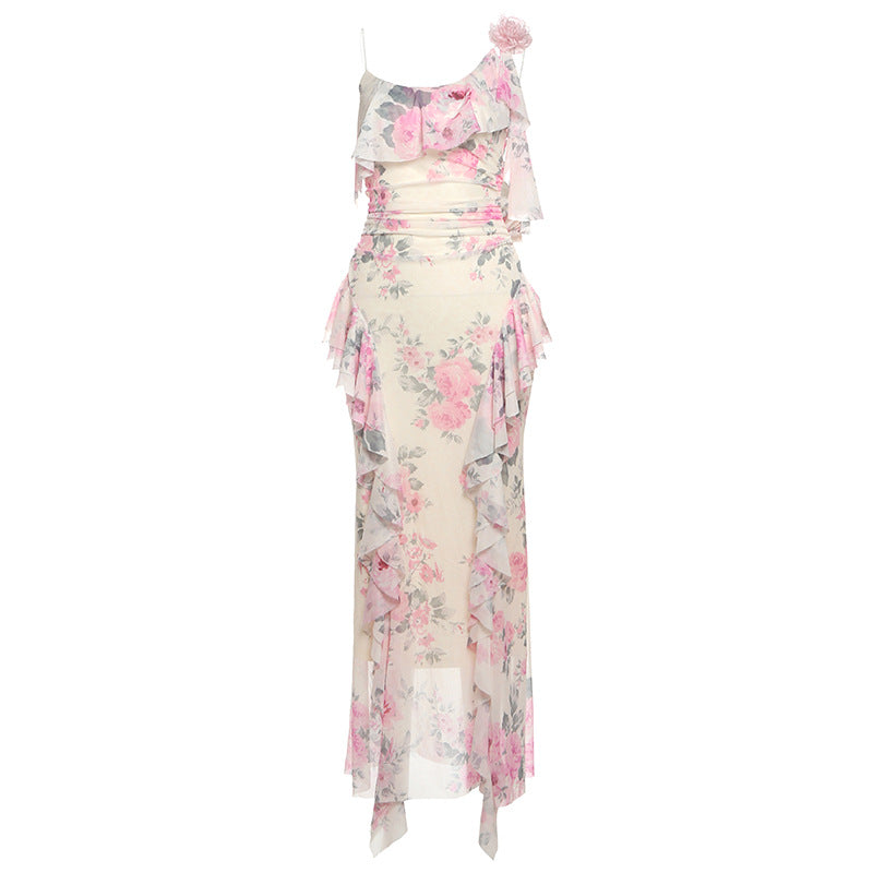 Damen Elegantes Fließendes Abendkleid mit Rüschendetails Drune