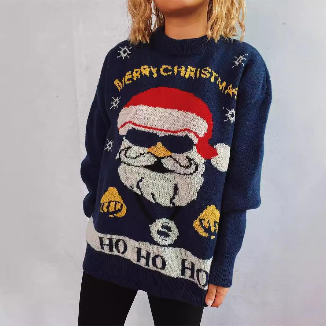 Damen weihnachtlicher Pullover mit festlichem Santa-Motiv und lockerer Passform Drune