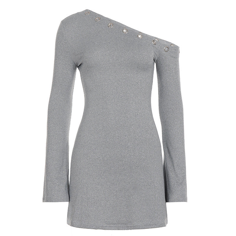 Damen Ein-Schulter Longsleeve-Minikleid mit Ösenbordüre Drune