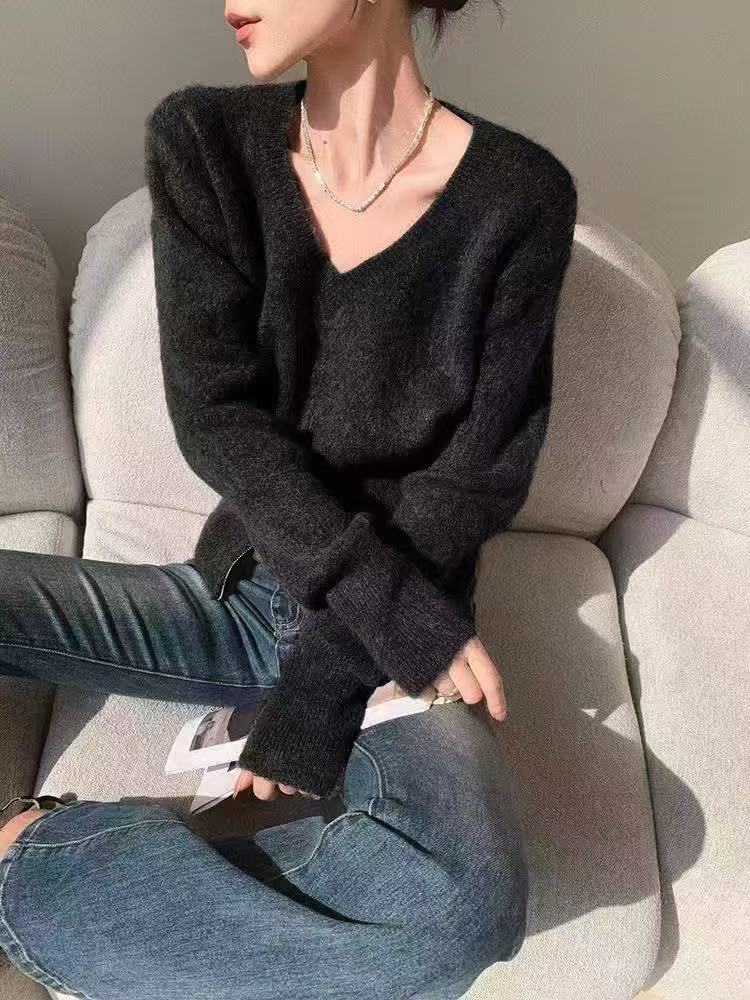 Damen Modische Strickjacke mit tiefem V-Ausschnitt und Reißverschluss Drune