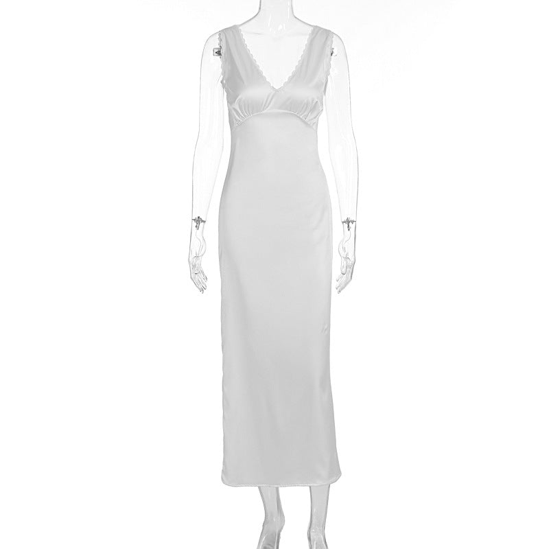 Damen elegantes Satin-Nachtkleid mit tiefem V-Ausschnitt und breiten Trägern Drune