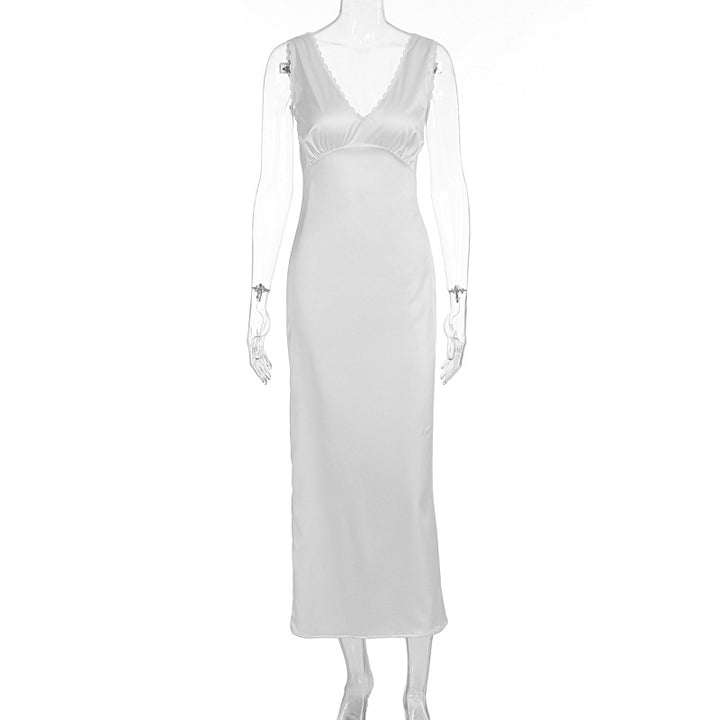 Damen elegantes Satin-Nachtkleid mit tiefem V-Ausschnitt und breiten Trägern Drune
