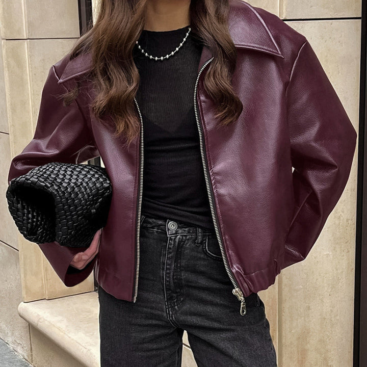 Damen Kunstleder-Blousonjacke mit Reißverschluss, überschnittener Schulter und elastischem Saum Drune