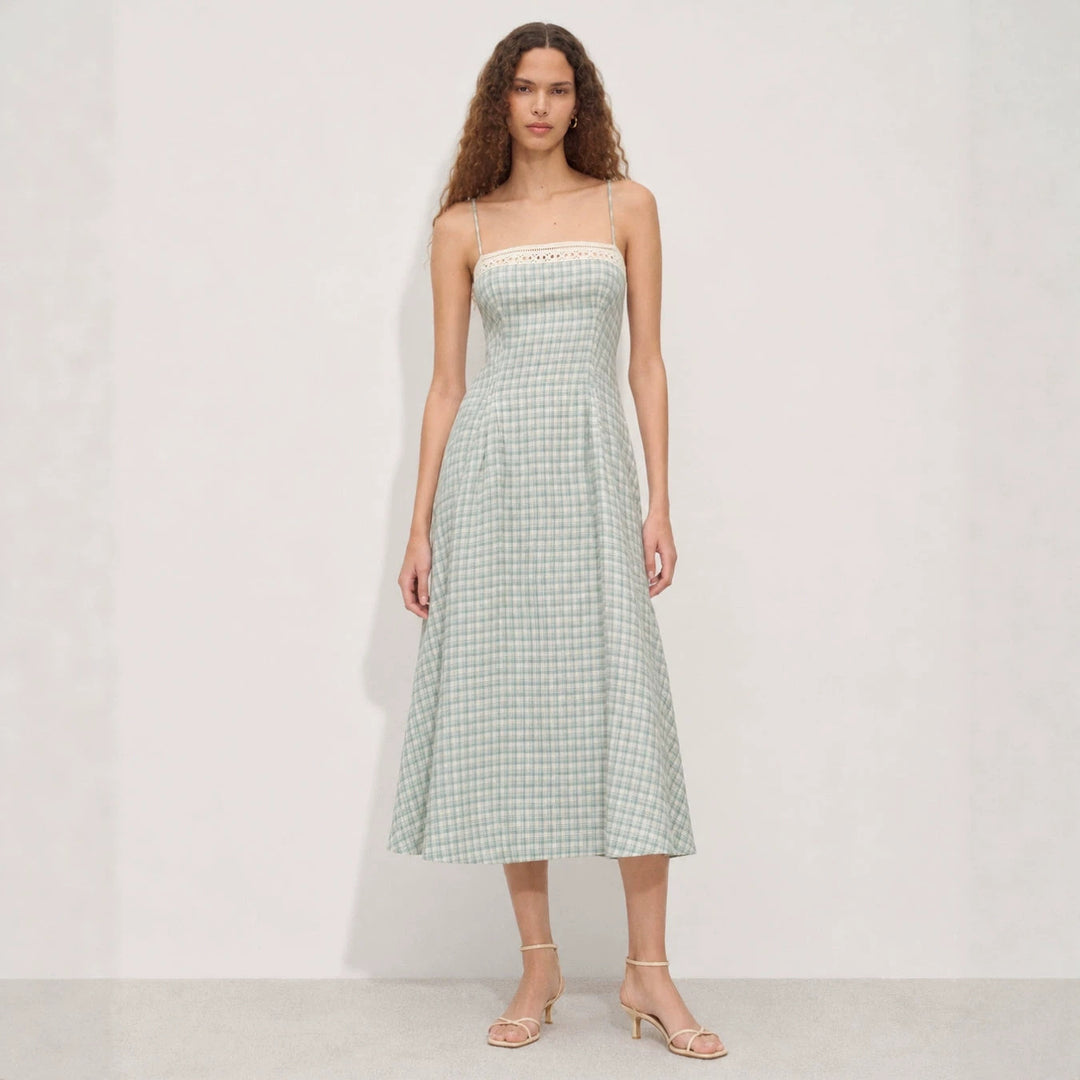Damen nan Vintage-inspiriertes Midikleid mit schmalen Spaghettiträgern, Spitzenpassé und ausgestelltem Tellerrock Drune
