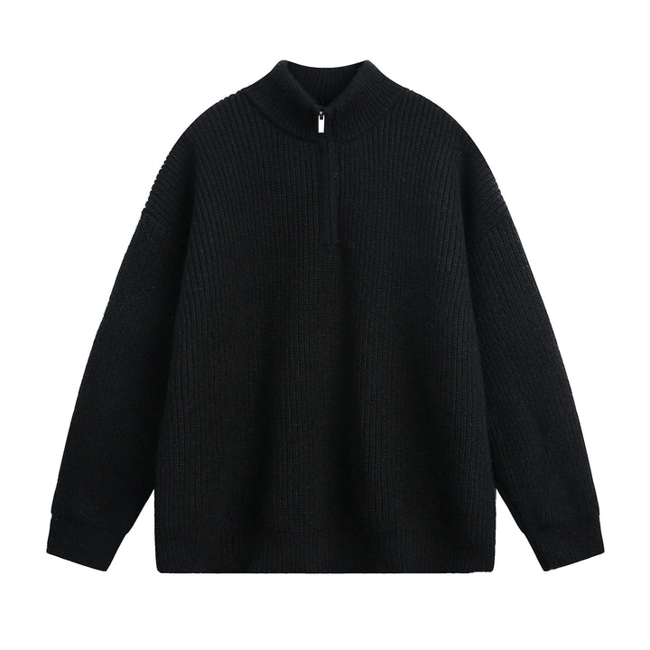 Unisex Oversize Grobstrickpullover mit Halbreißverschluss und Stehkragen Drune