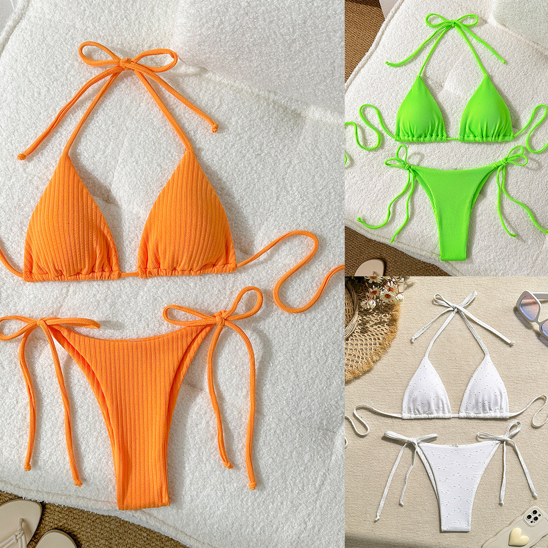 Damen Triangel-Bikini mit elastischen Bindebändern und Ripp-Optik Drune