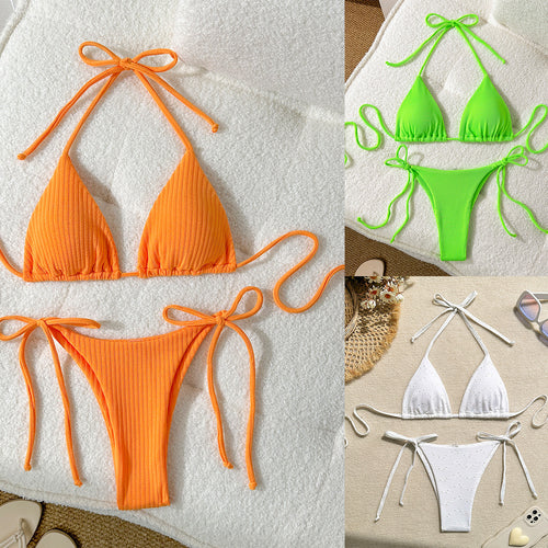 Damen Triangel-Bikini mit elastischen Bindebändern und Ripp-Optik Drune