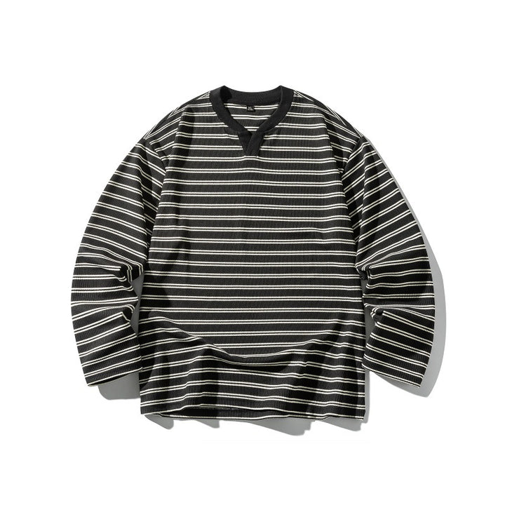 Unisex Gestreiftes Strukturiertes Longsleeve mit Notch-V-Ausschnitt und Rippenstruktur Drune