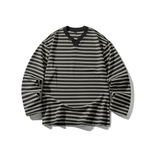 Unisex Gestreiftes Strukturiertes Longsleeve mit Notch-V-Ausschnitt und Rippenstruktur Drune