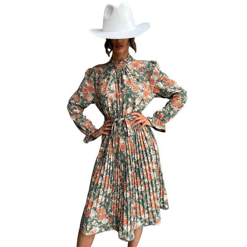 Damen Plissiertes Midikleid mit Rüschenkragen, Bindegürtel und floralem Allover-Print Drune