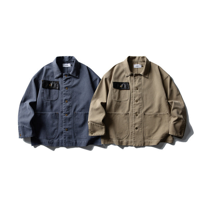 Unisex Boxy-Canvas-Worker-Überhemdjacke mit Lederpatte und aufgesetzten Taschen Drune