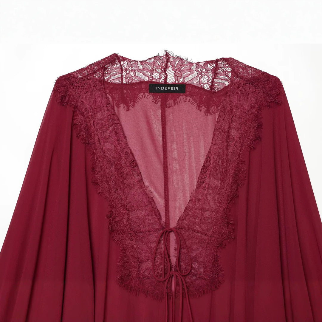 Damen Fließende Kimono‑Bluse mit Spitzenbesatz und Bindeband Drune
