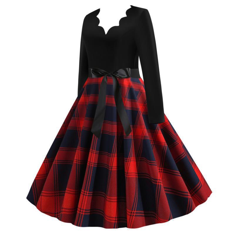 Damen Retro Swingkleid im Vintage-Stil mit geschwungener V-Kante, Satin-Taillenschleife und karierter Tellerrock Drune