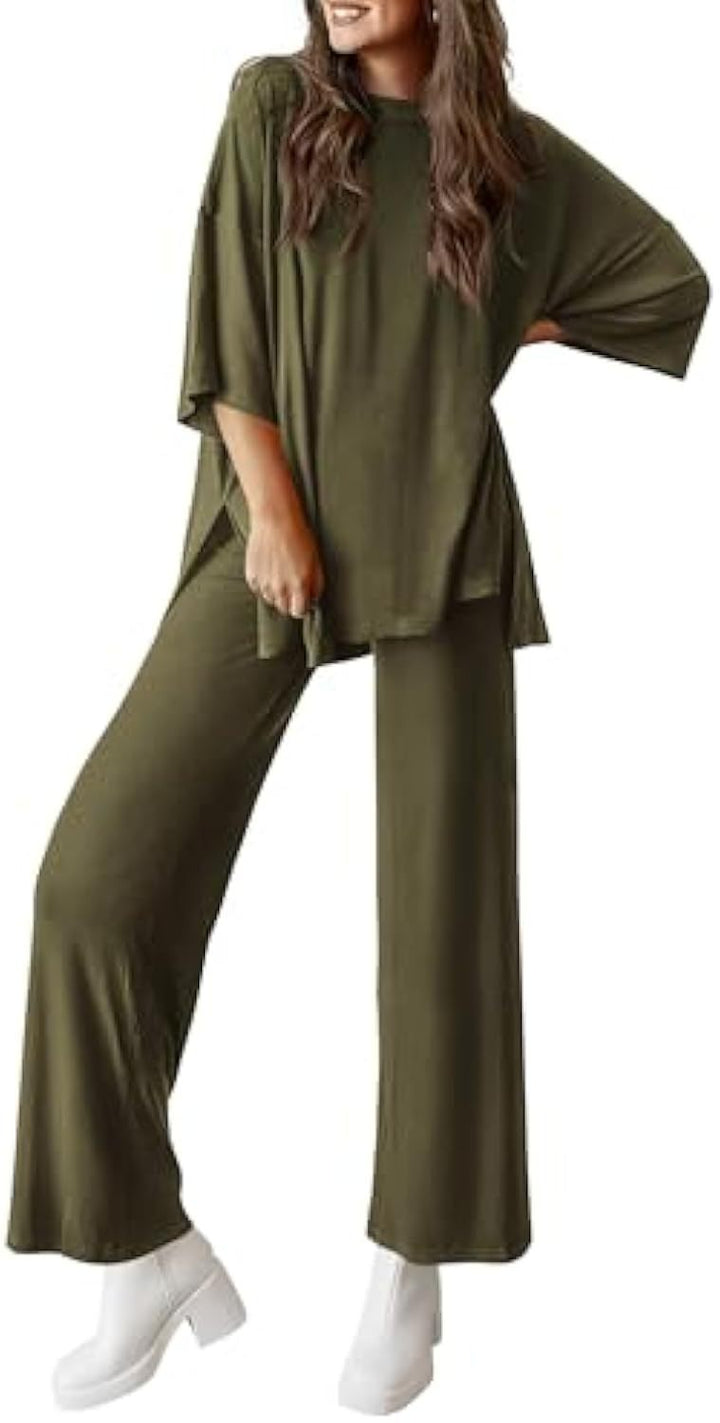 Damen Lässiges Lounge-Set aus weichem Jersey mit Oversize-Tunika und weiter Palazzo-Hose Drune