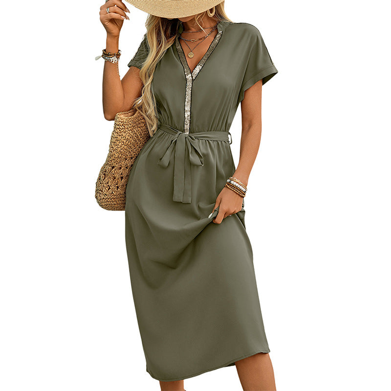 Damen Maxikleid mit elastischem Bund und dekorativen Knopfdetails Drune
