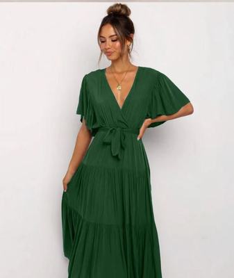 Damen Maxikleid mit tiefem V-Ausschnitt und schwingenden Ärmeln Drune