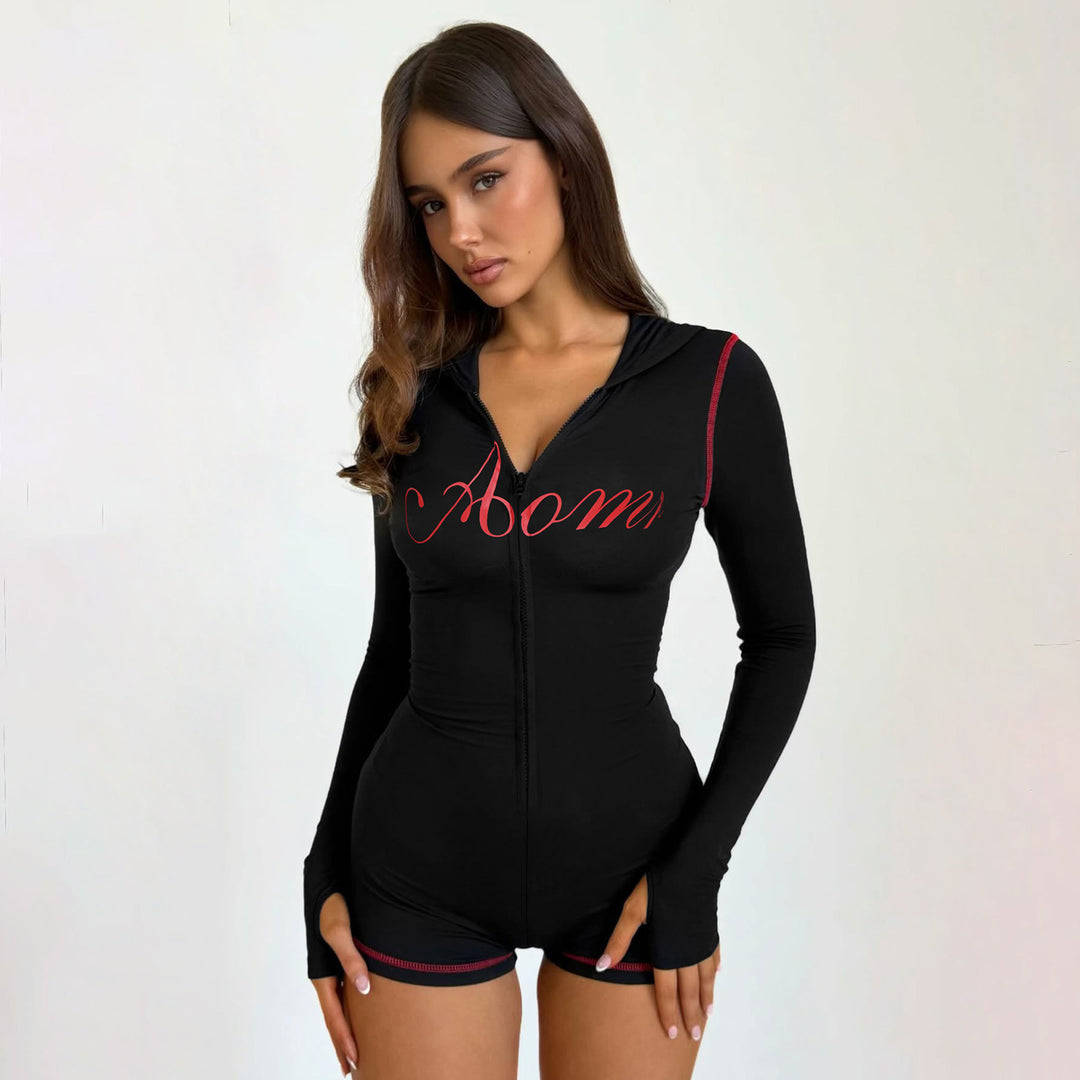 Damen nan taillierter Zip-Romper mit Kapuze, langer Armführung und integrierten Shorts aus funktionalem Stretch Drune