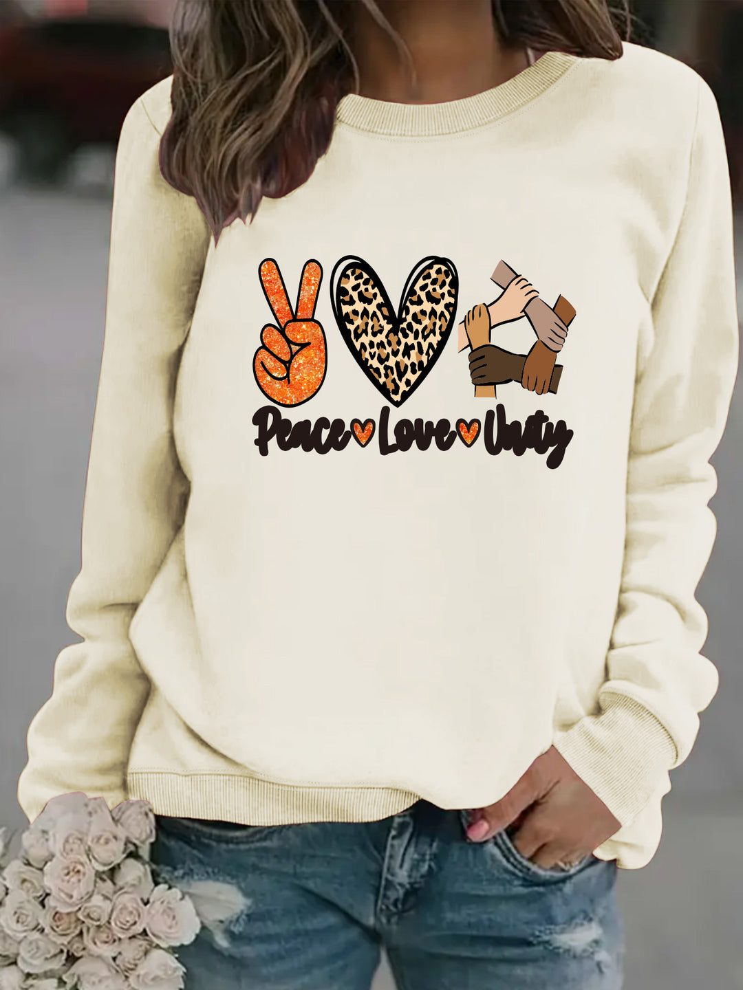 Damen Sweatshirt mit kreativem Peace, Love & Unity Motiv Drune