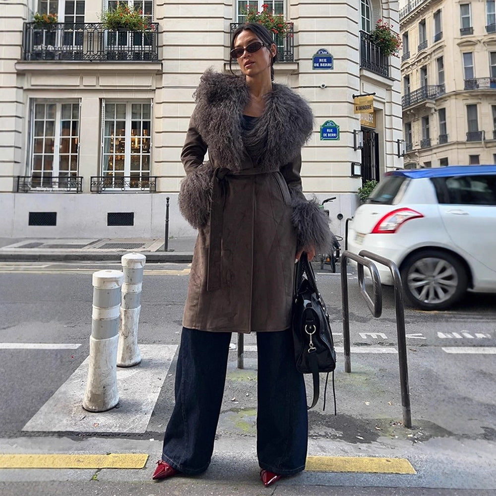 Damen Mantel aus Veloursleder‑Optik mit voluminösem Faux‑Fur‑Schalkragen, Fellmanschetten & Taillengürtel Drune