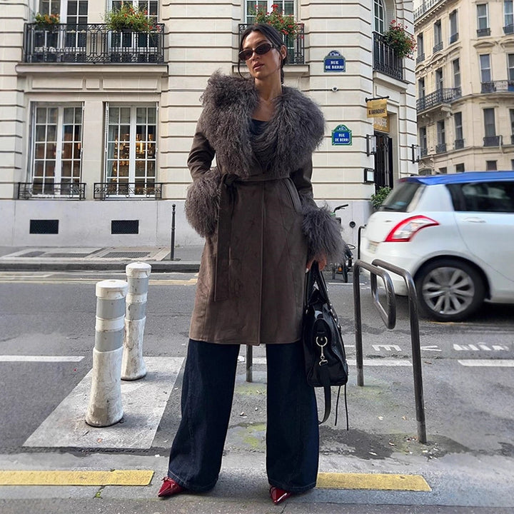 Damen Mantel aus Veloursleder‑Optik mit voluminösem Faux‑Fur‑Schalkragen, Fellmanschetten & Taillengürtel Drune