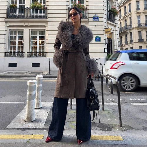 Damen Mantel aus Veloursleder‑Optik mit voluminösem Faux‑Fur‑Schalkragen, Fellmanschetten & Taillengürtel Drune
