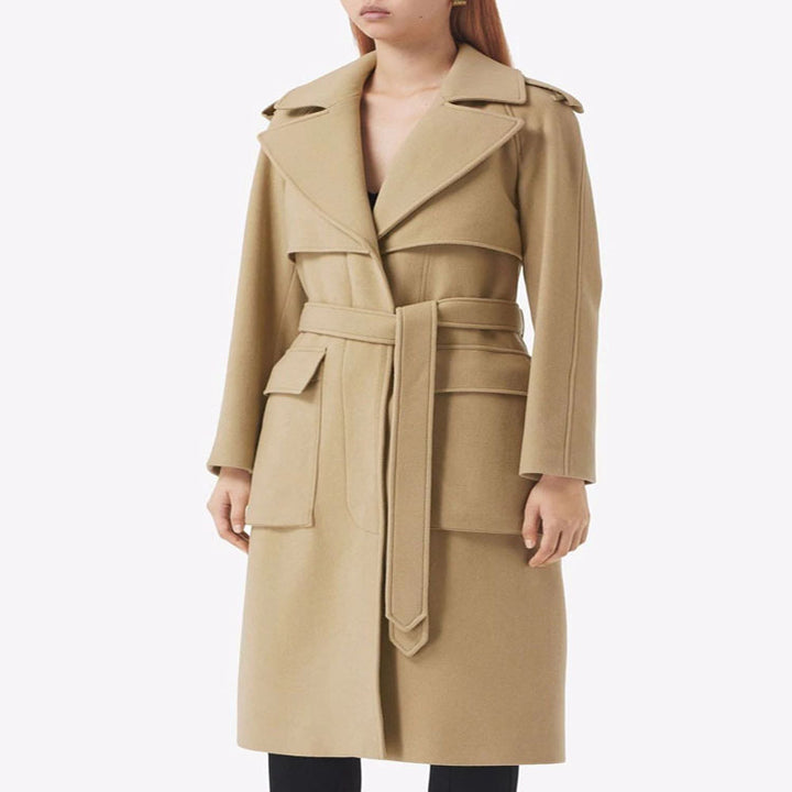 Damen Midilanger Wollmix-Longcoat mit doppelter Schulterpasse, Pattentaschen und dezenter Taillierung Drune