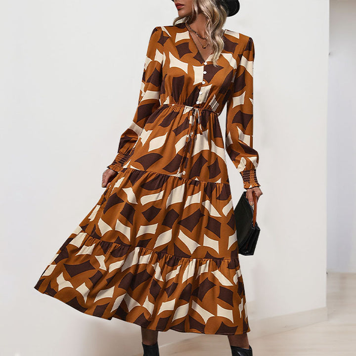 Damen Langes Stufen-Maxikleid mit grafischem Print, V-Ausschnitt, Kordelbund und gerafften Manschetten Drune
