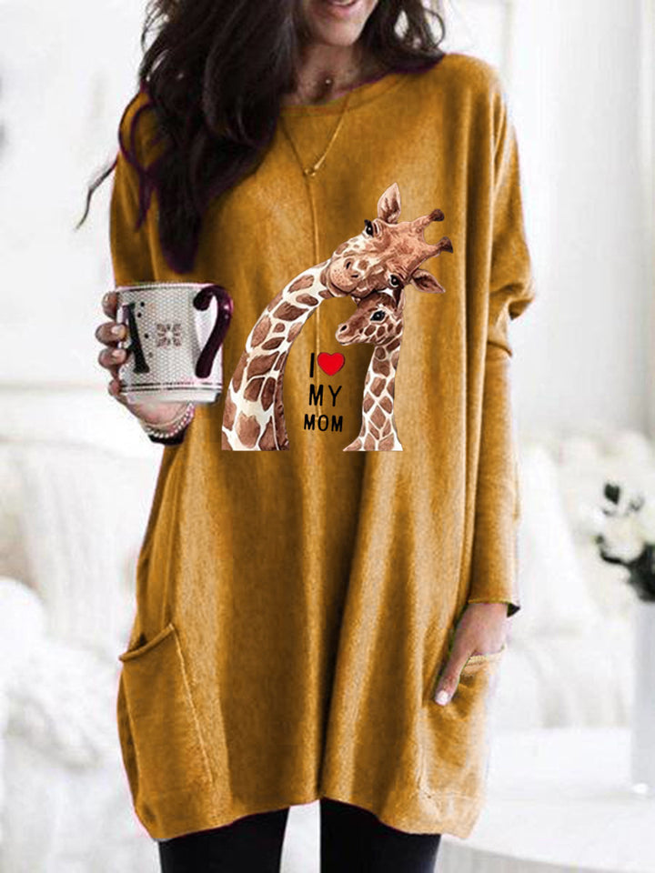 Frauen Übergroße Sweatkleid mit Giraffenmuster, Rundhalsausschnitt und Seitentaschen Drune