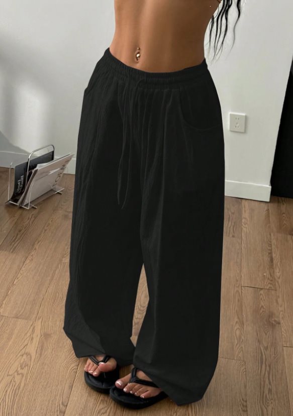 Damen Weite Leinenmix-Hose mit hohem Elastikbund, Kordelzug und Seitentaschen Drune