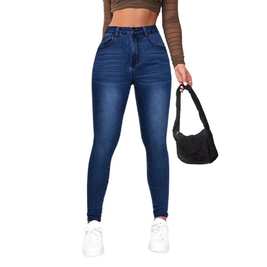 Damen High-Waist Skinny Jeans mit angedeuteten Taschen und elastischem Bund Drune