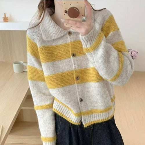 Damen kuschelige Strickjacke mit kontrastierenden Streifen und weich gestricktem Material Drune