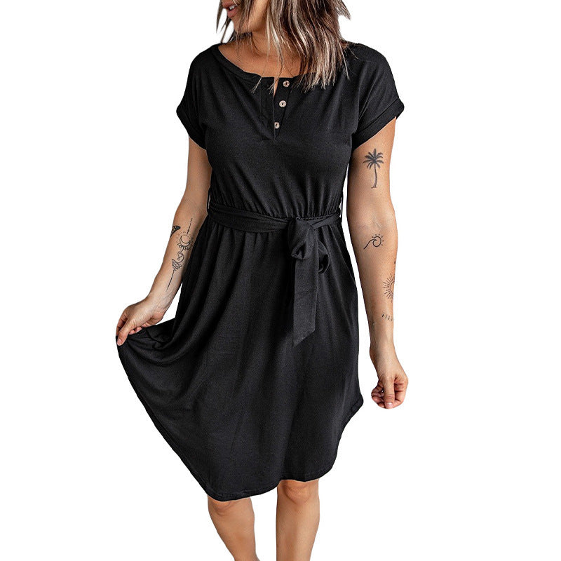 Damen Lockeres Kleid mit Knopfleiste und Taillengürtel Drune