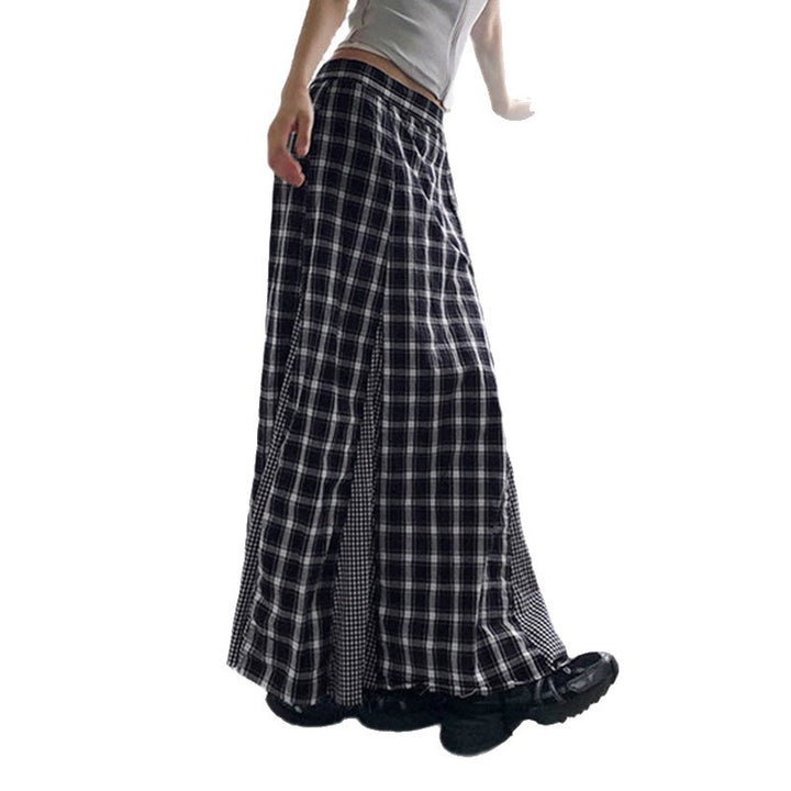 Damen Eleganter Maxirock mit kontrastierenden Karomustern und seitlichen Schlitzen Drune